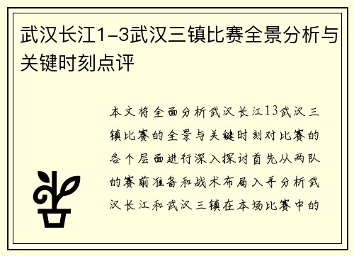 武汉长江1-3武汉三镇比赛全景分析与关键时刻点评