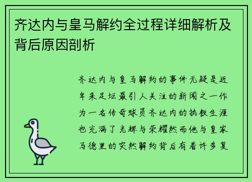 齐达内与皇马解约全过程详细解析及背后原因剖析 齐达内与皇马解约全过程详细解析及背后原因剖析