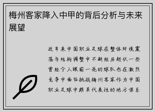 梅州客家降入中甲的背后分析与未来展望 梅州客家降入中甲的背后分析与未来展望
